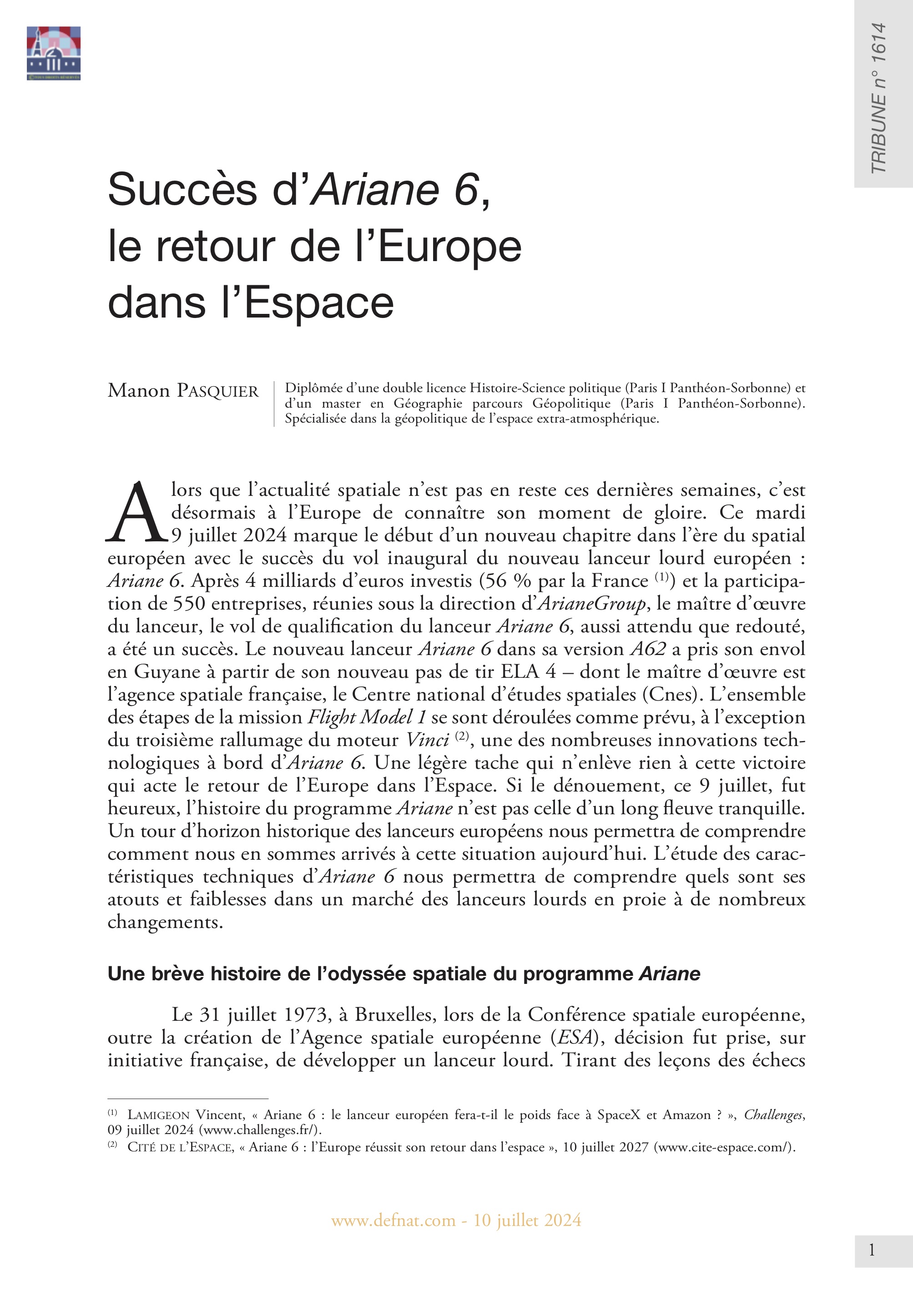 Succès d’Ariane 6 : le retour de l’Europe dans l’Espace (T 1614)
